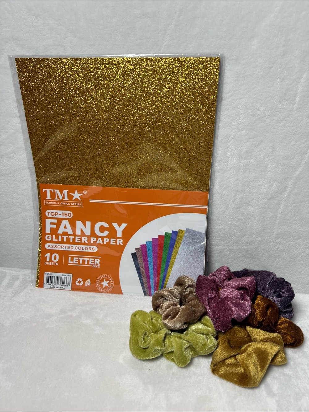 Scrunchie & Stationery Bundle - Lot of 6 Scrunchies - 10 Sheets Glitter Paper